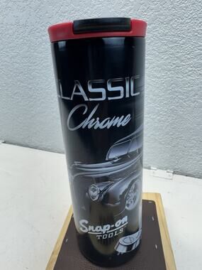 Snap-On Classic Chrome Travel Mug 16 oz Stainless Steel Tumbler Black Red Lid